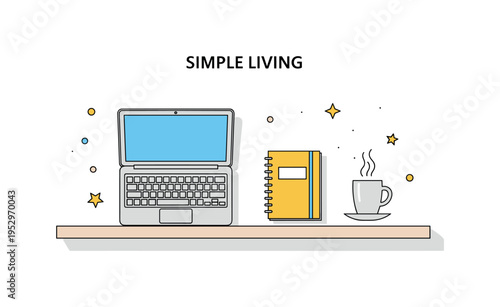 Simple living concept featuring a tidy desk with a laptop, single notebook, and cup placed in perfect alignment, symbolizing focus and decluttered