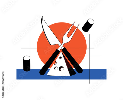 Black and white cheese knife and fork crossed over triangular cheese slice, bold orange circle behind the utensils and blue horizontal bar grounding the