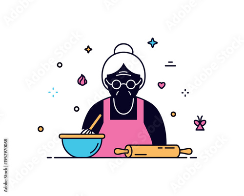 Baking with grandma scene centered on an elderly woman silhouette beside a small mixing bowl and rolling pin, conveying tradition, comfort, and homemade love.