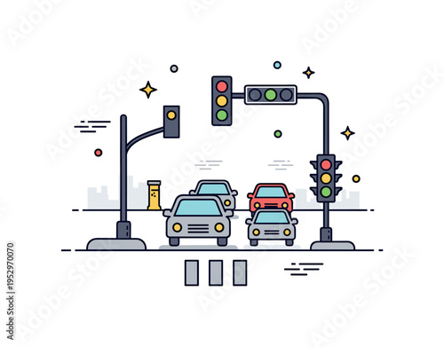 Urban traffic lights intersection scene with simplified cars waiting under a red signal, symbolizing regulation, patience and road safety. Minimalist flat
