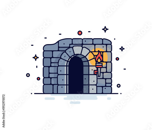 Dungeon stone chamber interior illustrated by a small arched doorway set in thick stone walls with a single torch glowing beside it, expressing mystery and