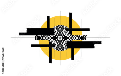 monochrome geometric textile pattern inspired by traditional dye motifs, oversized yellow circular halo and black abstract bars framing composition, subtle