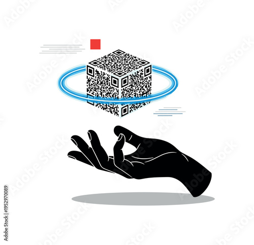 Black and white hand hovering above floating QR code cube, bright electric blue ring encircling the cube as digital aura, small red square accent suggesting