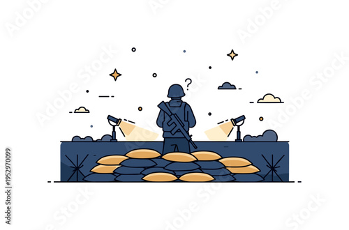 Frontline tension lone soldier silhouette standing behind sandbags under a dark horizon with distant searchlights, conveying uncertainty and emotional strain