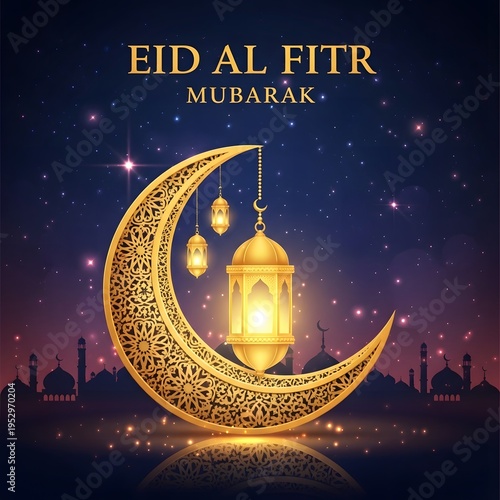 Calm blue night background with crescent moon and lantern, representing peaceful Eid nights and spiritual Islamic atmosphere.