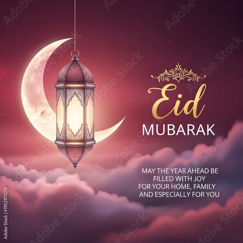 Soft pink background featuring crescent moon and lantern, ideal for elegant Eid Mubarak greeting and Ramadan celebration visuals.