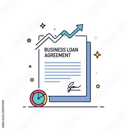 Business loan agreement partnership growth badge featuring a signed document with a subtle upward graph line integrated above it. The compact editorial design