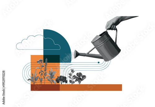 Black and white realistic watering can pouring water onto mixed crops, cut-out layered collage style, bold deep teal semicircle intersecting the upper area as