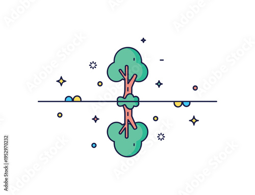 Mirror dimension reflection with a single tree duplicated upside down beneath a horizontal line representing a hidden parallel world. Clean symmetry and subtle