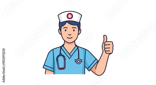 Cartoon male nurse in scrubs with stethoscope giving thumbs-up gesture.