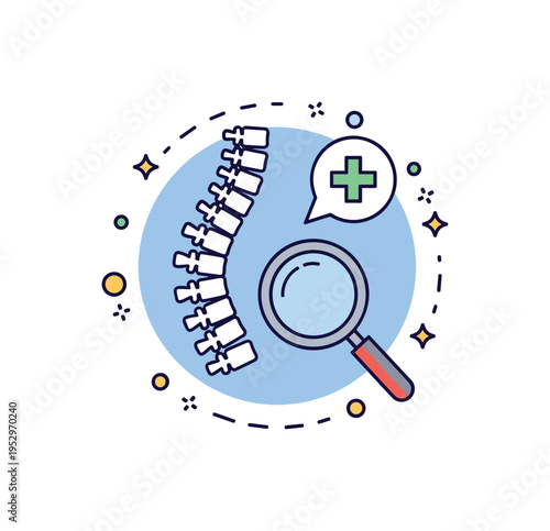 Spinal health check concept visualized by a minimal spine icon combined with a magnifying glass, suggesting diagnosis and professional evaluation. Clean