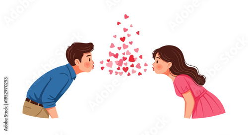 Cartoon Couple Blowing Kisses with Floating Heart Shapes.