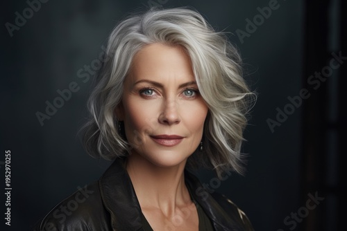 A woman wearing a leather jacket strikes a pose for a photo. Perfect for fashion or lifestyle projects