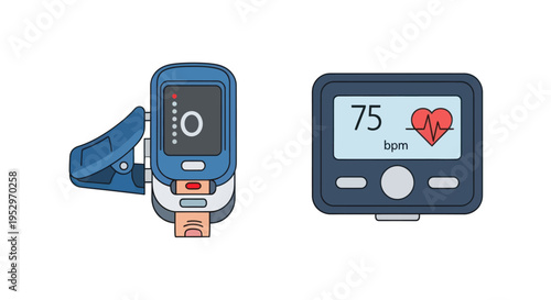 Vector illustration of a fingertip pulse oximeter and a heart rate monitor for medical diagnostics.