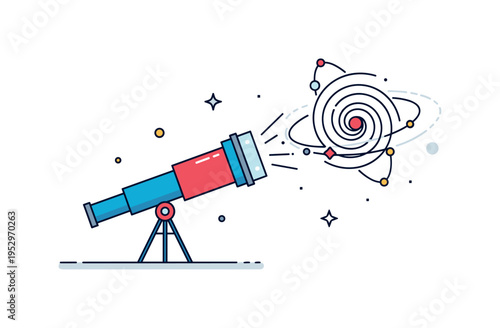 Astronomy hobby concept built around a telescope pointed toward a stylized spiral galaxy with subtle orbit lines, symbolizing fascination with deep space and