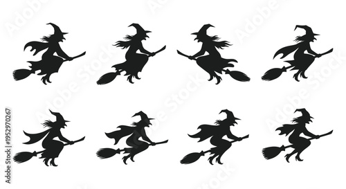 Silhouetted Witches Flying on Brooms: Halloween Icon Set.