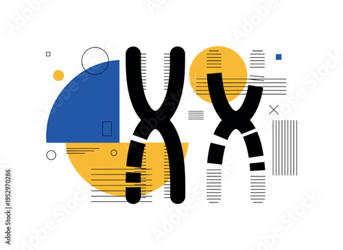monochrome chromosome pair illustrated in bold contrast, layered with cobalt blue semicircle and mustard yellow geometric accents, fine linear details and flat