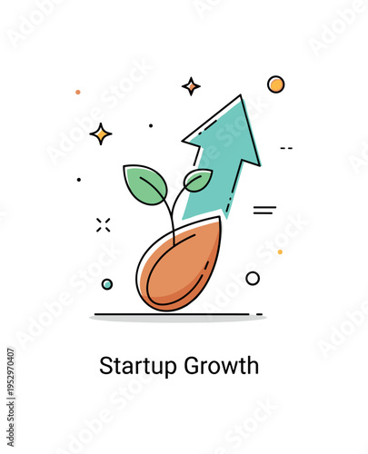 Seed sprouting business startup metaphor depicted by a seed transforming into a plant shaped like an upward arrow, symbolizing growth, innovation, and long