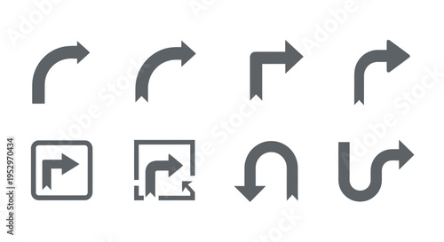 Collection of grey curved and directional arrow icons for navigation and user interface.