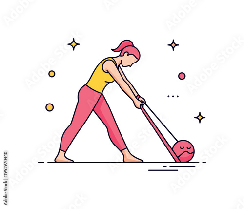 Guided stretching practice represented by a figure holding a strap in a forward fold position, symbolizing mindful breathing and gradual muscle extension. The