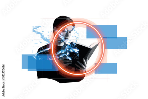 Black and white person reading physical book while ghosted digital screen overlays behind, bright orange circular halo around the book, blue rectangular blocks