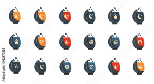 Collection of Ramadan Lanterns with Crescent Moon and Star Designs for Islamic Celebrations.
