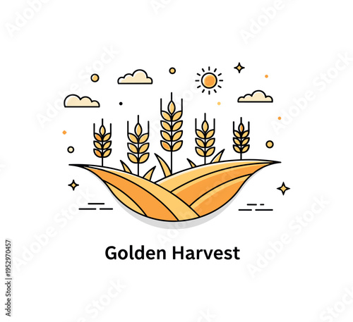 Field wheat field landscape concept with stylized golden stalks rising from a curved ground line and a small sun accent above, expressing abundance and