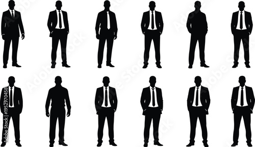 Black silhouette of businessman set, men in formal suits and ties standing, professional male figures, flavector corporate group, isolated icons.