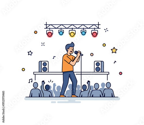 Music festival stage vocalist performing with simple stage lights and minimal crowd silhouettes below, symbolizing excitement, atmosphere and shared musical