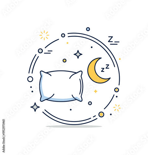 Sleep hygiene awareness badge presenting a pillow and crescent moon framed within a soft circular outline, representing structured habits and consistent rest