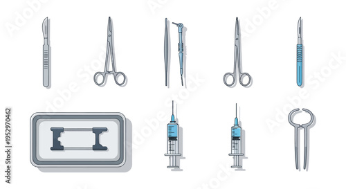 Assortment of Surgical Instruments and Medical Tools Displayed.