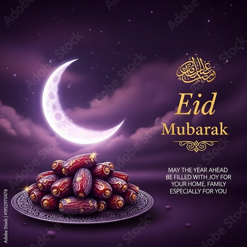 Luxury purple background featuring crescent moon and dates, perfect for elegant Ramadan and Eid greeting visuals.