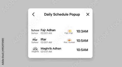 Daily Schedule Popup: A digital interface displaying prayer times with a clean modern design.
