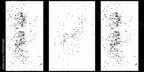 Set of three vertical abstract grunge textures with black ink splatters and grainy noise on white background