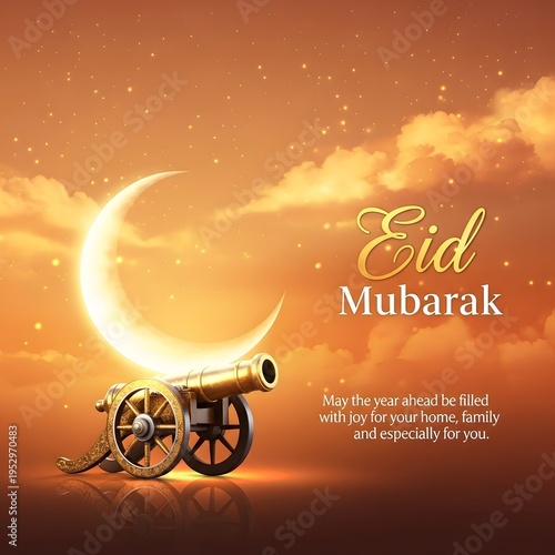 Bright yellow background with crescent moon and Ramadan cannon, symbolizing joy and celebration during the holy month and Eid.