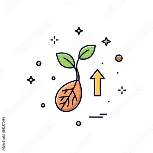 Tree growth education badge centered on a sprouting seed with visible root lines and a small upward arrow representing life potential and environmental