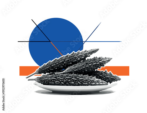 Black and white close-up of bitter herbs placed on a simple plate, oversized blue geometric circle intersecting the upper frame, thin sharp linear accents