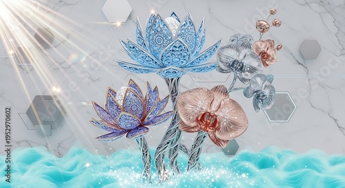 3D render of intricate lotus and orchid flowers emerging from blue mist against marble backdrop with light rays