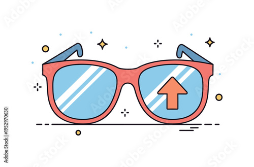 Wearing sunglasses bright future optimism theme illustrated by reflective lenses showing a simple upward arrow inside. The scene conveys positivity, forward