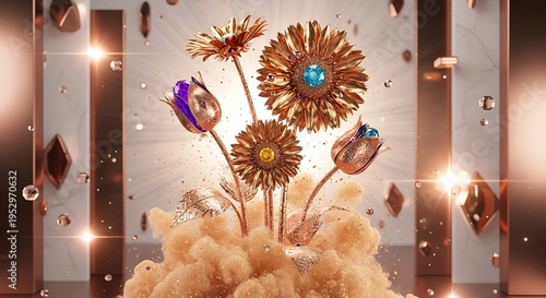 3D render of golden flowers with gem centers bursting from abstract clouds luxurious decor