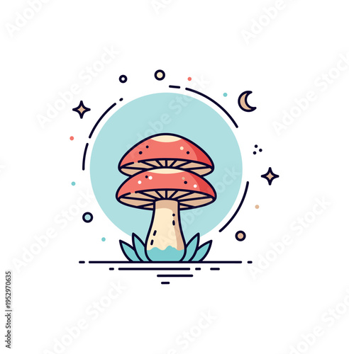 Bioluminescent mushrooms in dark woodland concept illustrated by a single glowing toadstool with layered caps emitting a calm circular aura. The scene reflects