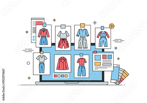 Apparel collection planning on laptop illustrated by multiple outfit thumbnails arranged on screen with small color swatches and mood board elements,