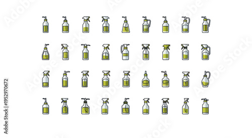 Collection of Spray Bottles with Green Liquid Various Designs.