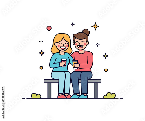 Joyful date scene pair sitting side by side on a small park bench with subtle sparkle accents around, expressing comfort, companionship and shared laughter.
