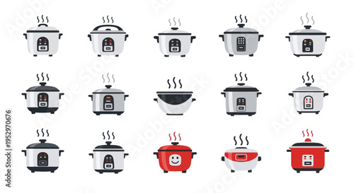 Collection of steaming electric rice cookers kitchen appliances in various designs.