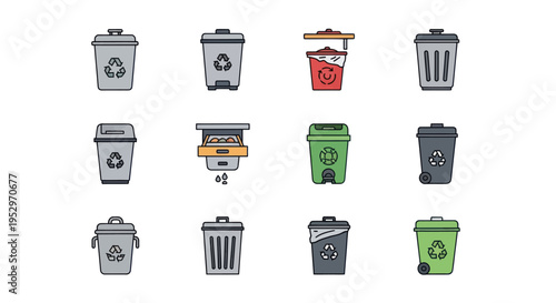 Diverse set of colorful cartoon trash cans and recycling bins with various designs and contents.