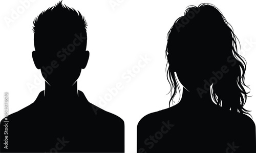 Black silhouette of man and woman head avatar, male and female profile face icons, flavector isolated human portraits, social media, people.