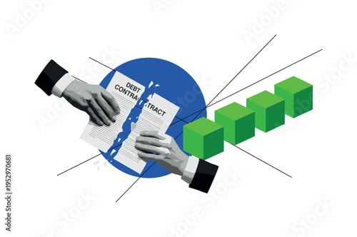 Black and white hands tearing a document symbolizing debt contract, bold cobalt blue circle behind the gesture, bright green geometric blocks arranged like