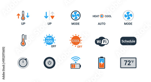 Colorful smart thermostat and HVAC system control panel icons for temperature mode and power.