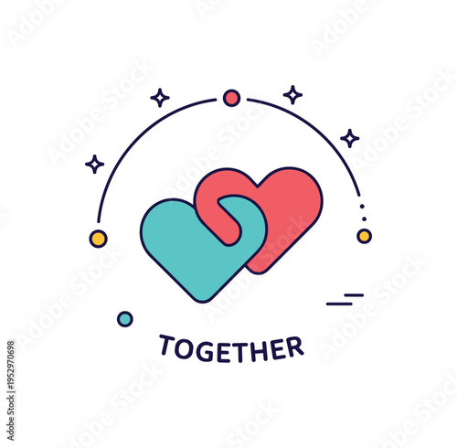 Emotional connection badge circular emblem combining two intertwined heart shapes labeled Together, expressing unity, compassion and strong interpersonal